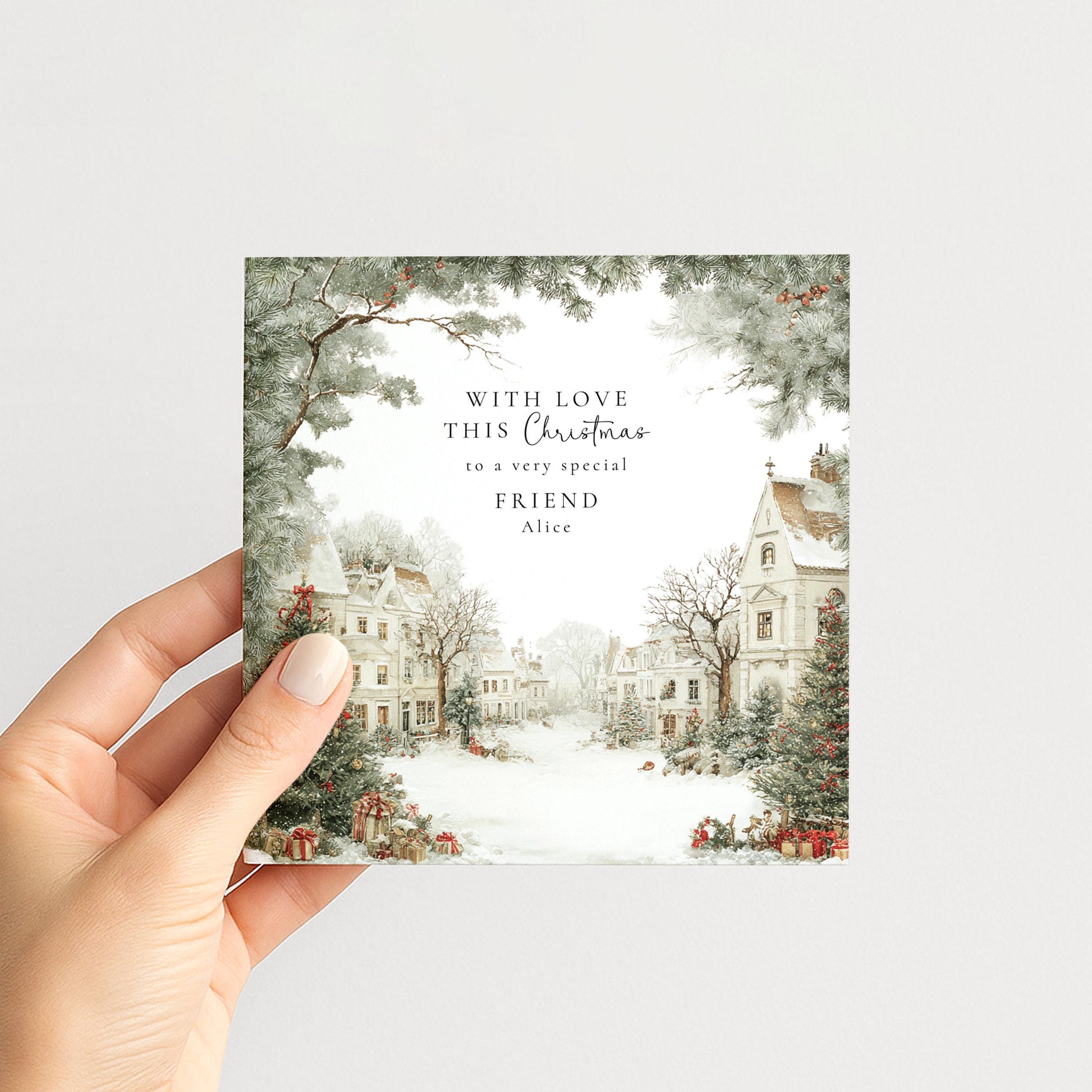 A charming snowy village Christmas card for a friend, personalised, printed on 300gsm card
