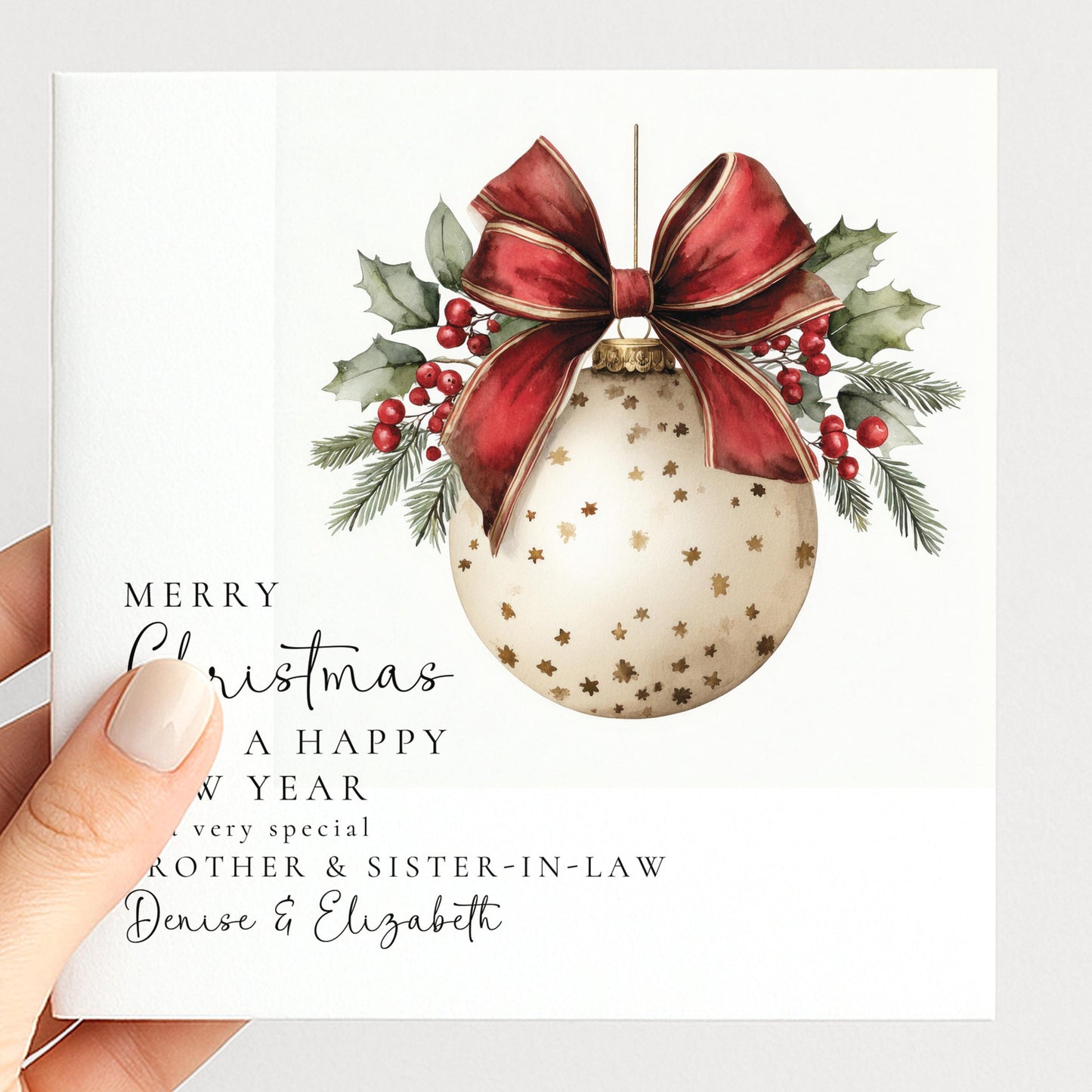 A festive bauble Christmas card for brother & sister-in-law, personalised, printed on 300gsm card