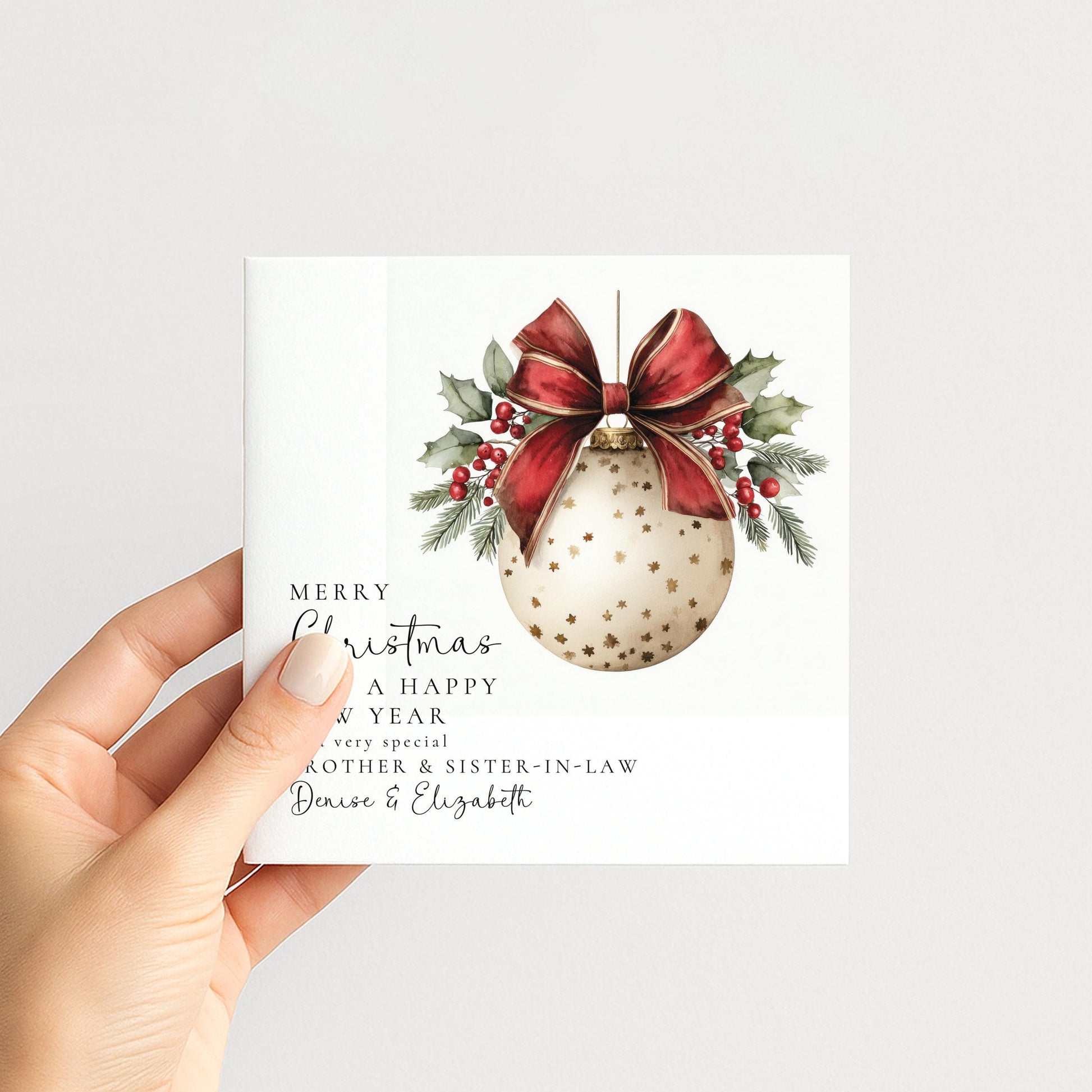 A festive bauble Christmas card for brother & sister-in-law, personalised, printed on 300gsm card