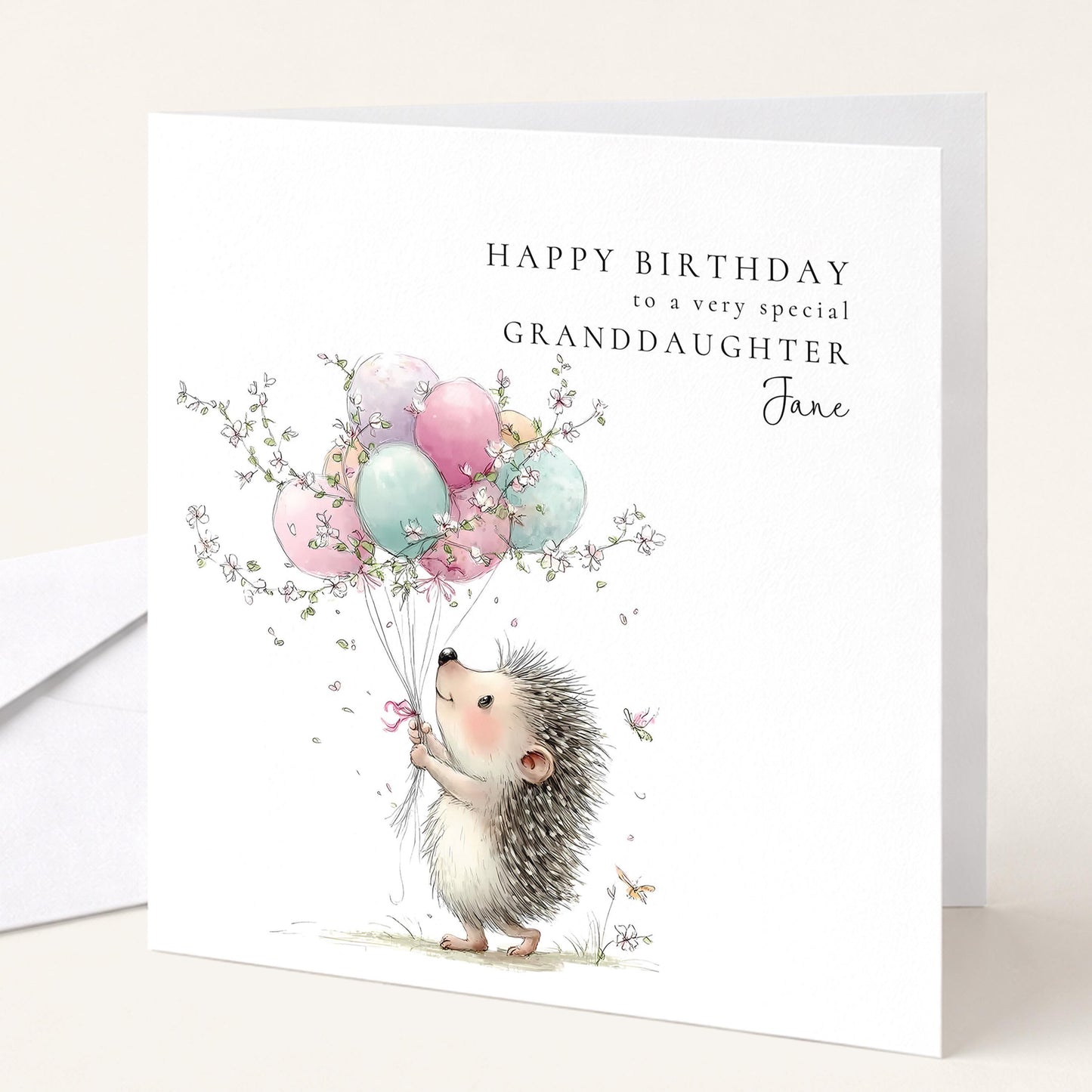 Personalised Granddaughter Card – Cute Birthday Greeting With Hedgehog Balloon Design