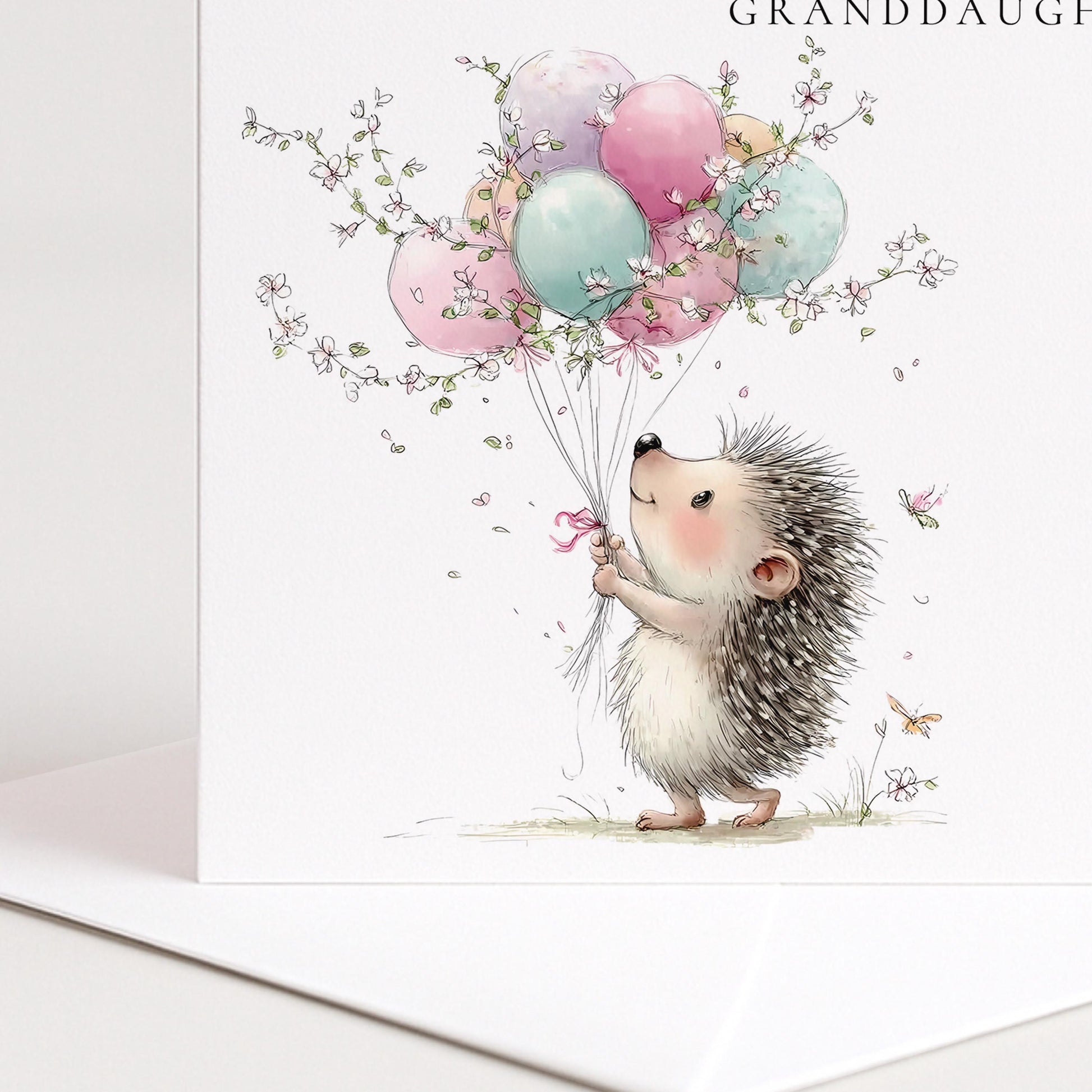 Personalised Granddaughter Card – Cute Birthday Greeting With Hedgehog Balloon Design