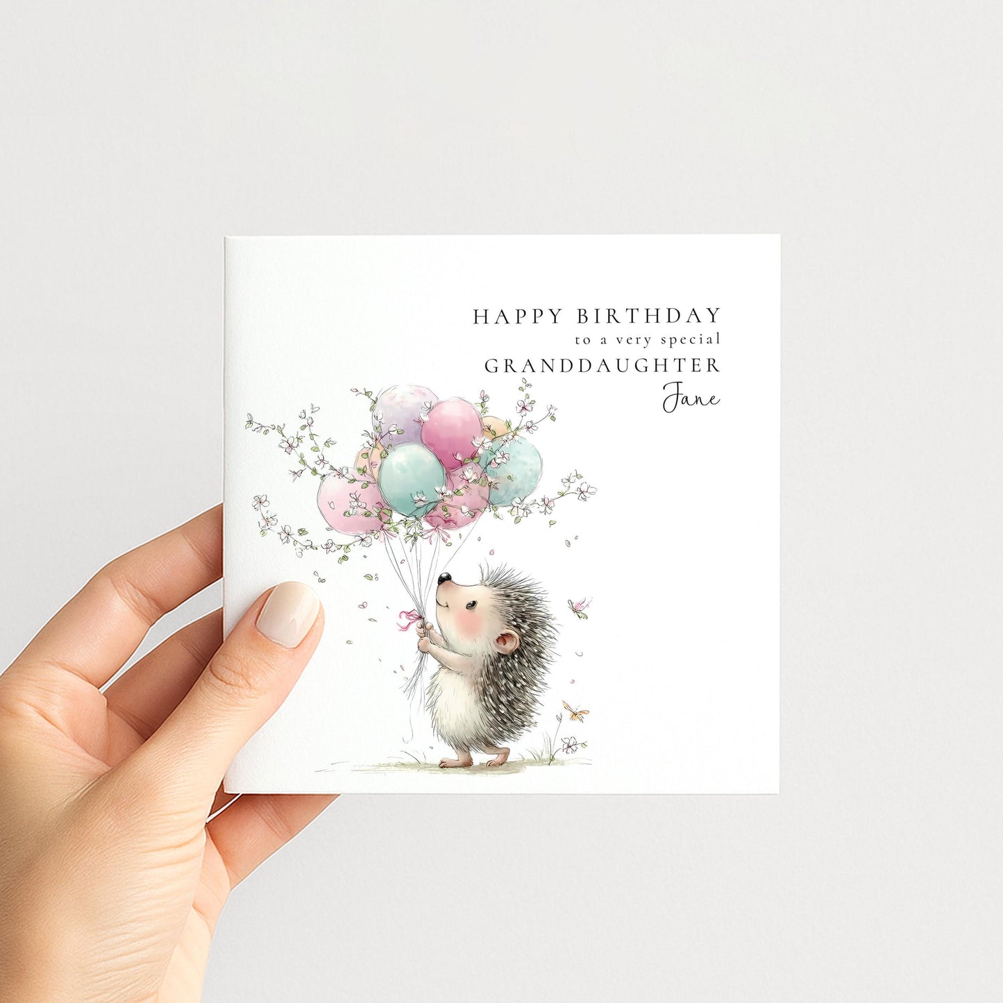 Personalised Granddaughter Card – Cute Birthday Greeting With Hedgehog Balloon Design
