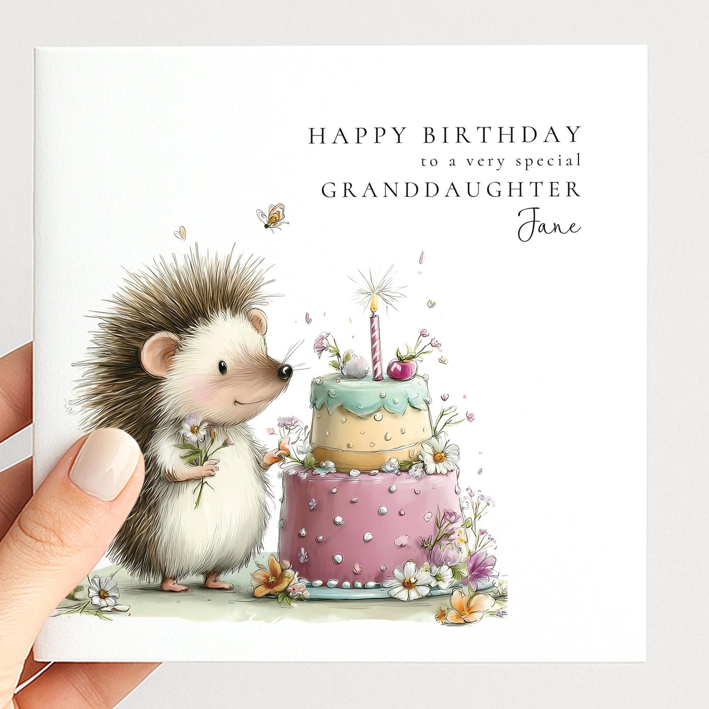 Granddaughter Birthday Card – Personalised Floral Hedgehog Design, Premium Matte