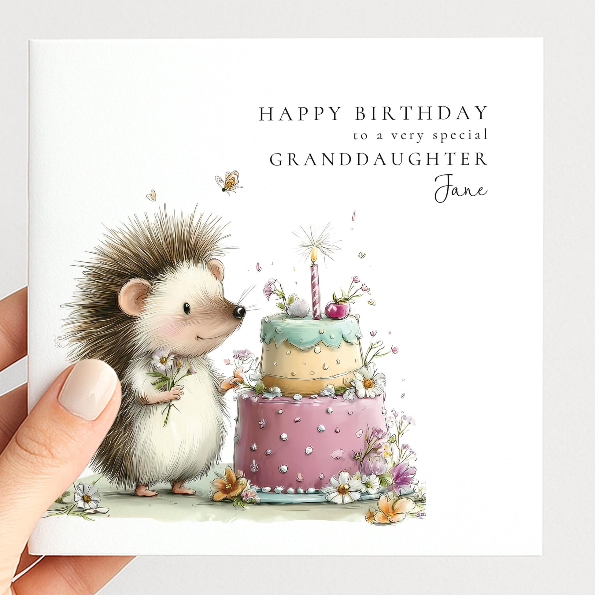 Granddaughter Birthday Card – Personalised Floral Hedgehog Design, Premium Matte
