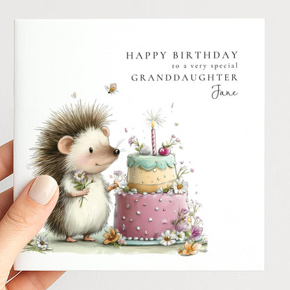 Granddaughter Birthday Card – Personalised Floral Hedgehog Design, Premium Matte