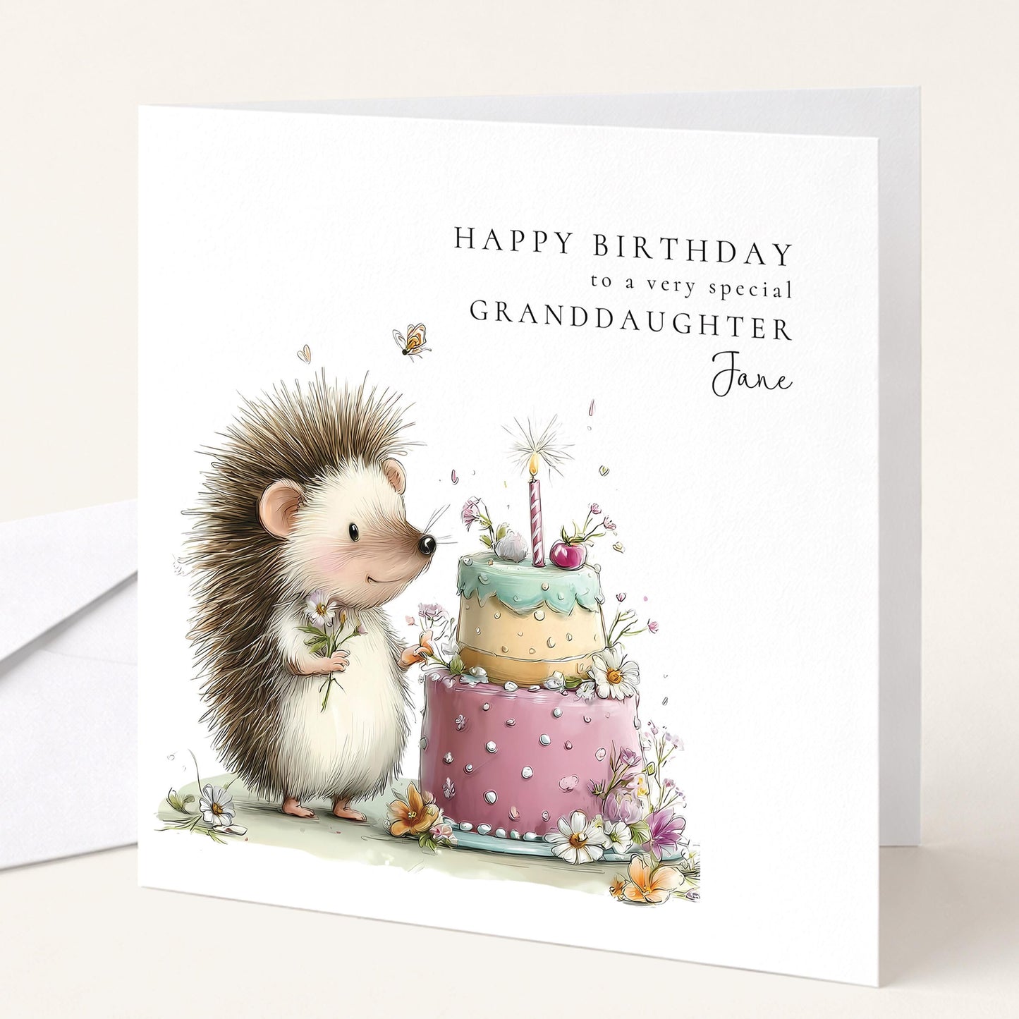Granddaughter Birthday Card – Personalised Floral Hedgehog Design, Premium Matte