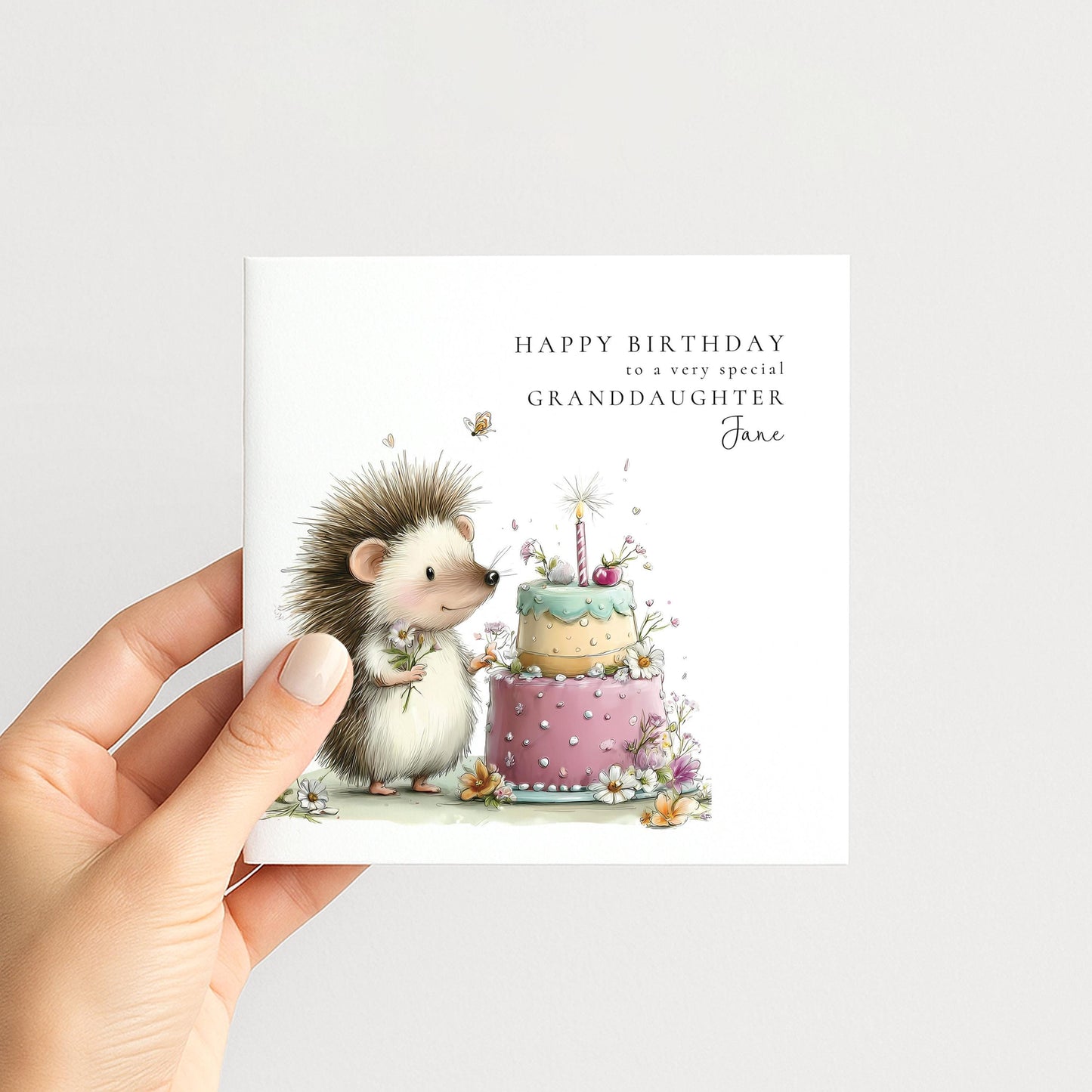 Granddaughter Birthday Card – Personalised Floral Hedgehog Design, Premium Matte