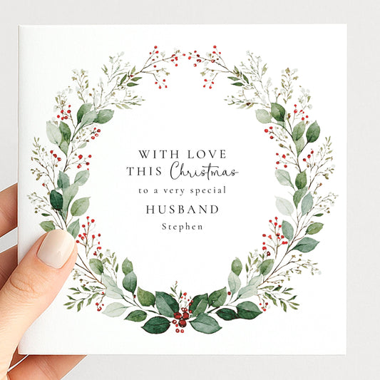 An elegant festive wreath Christmas card for your husband, personalised, printed on 300gsm card
