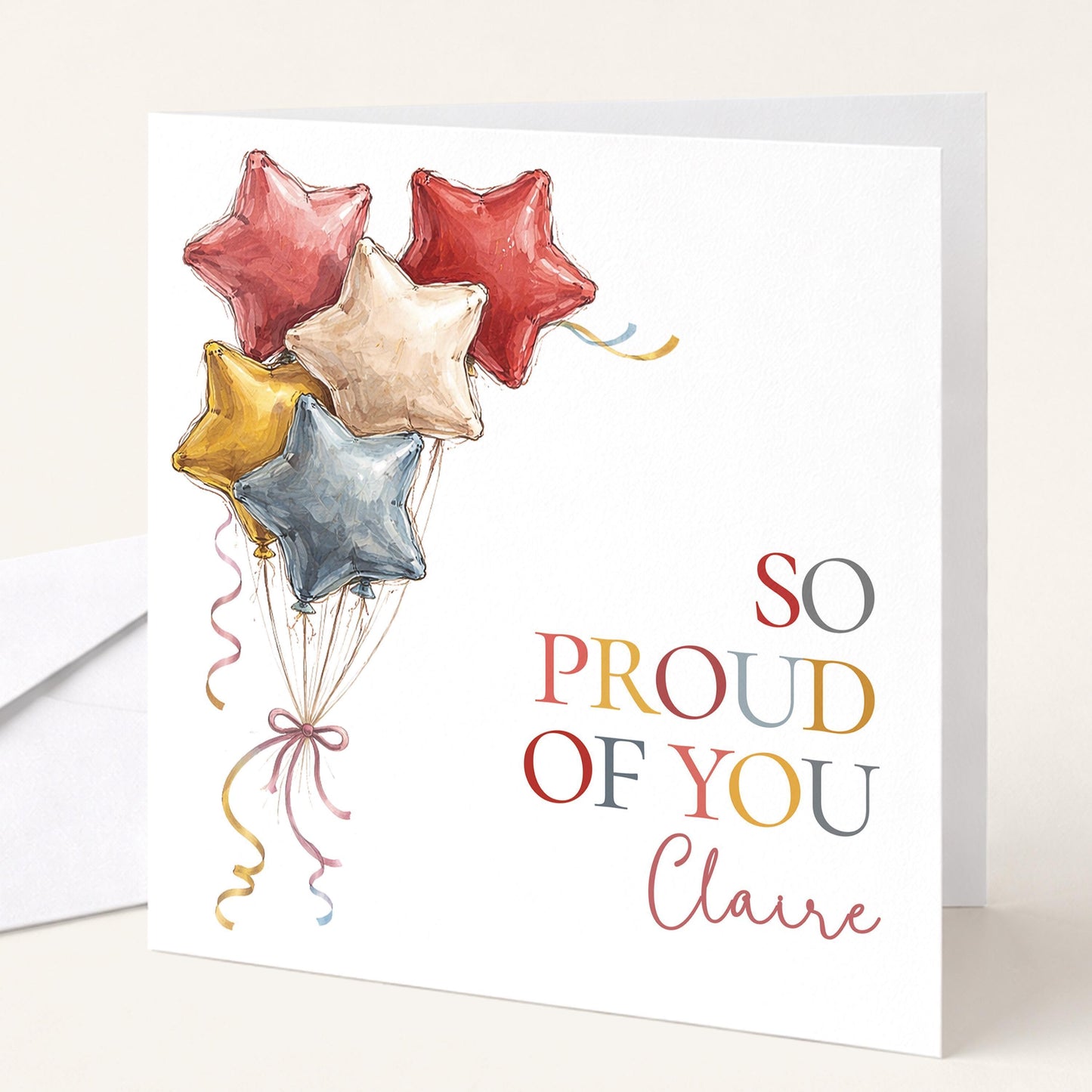 Personalised Proud Card – Colourful Balloon Congratulations Card With Custom Name