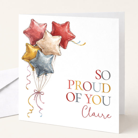 Personalised Proud Card – Colourful Balloon Congratulations Card With Custom Name