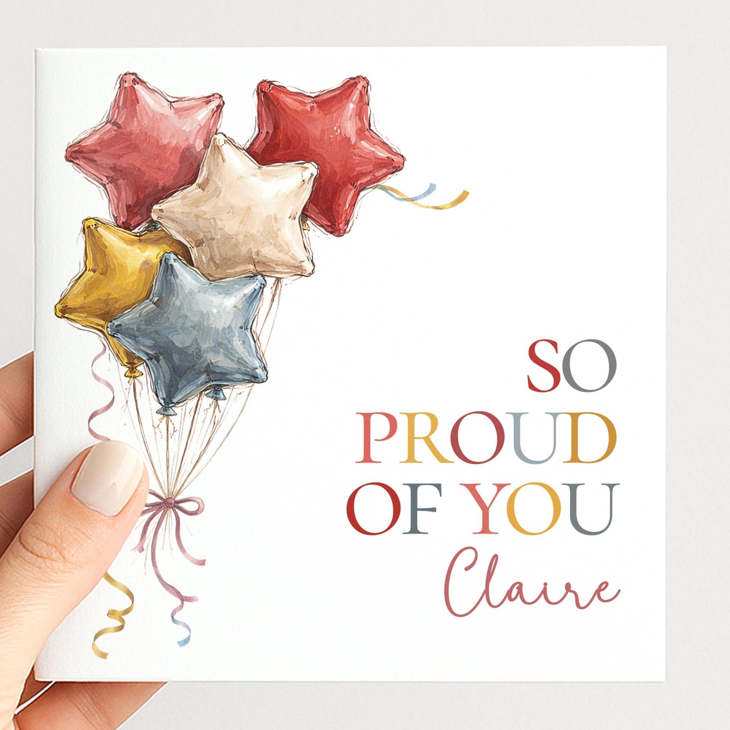 Personalised Proud Card – Colourful Balloon Congratulations Card With Custom Name