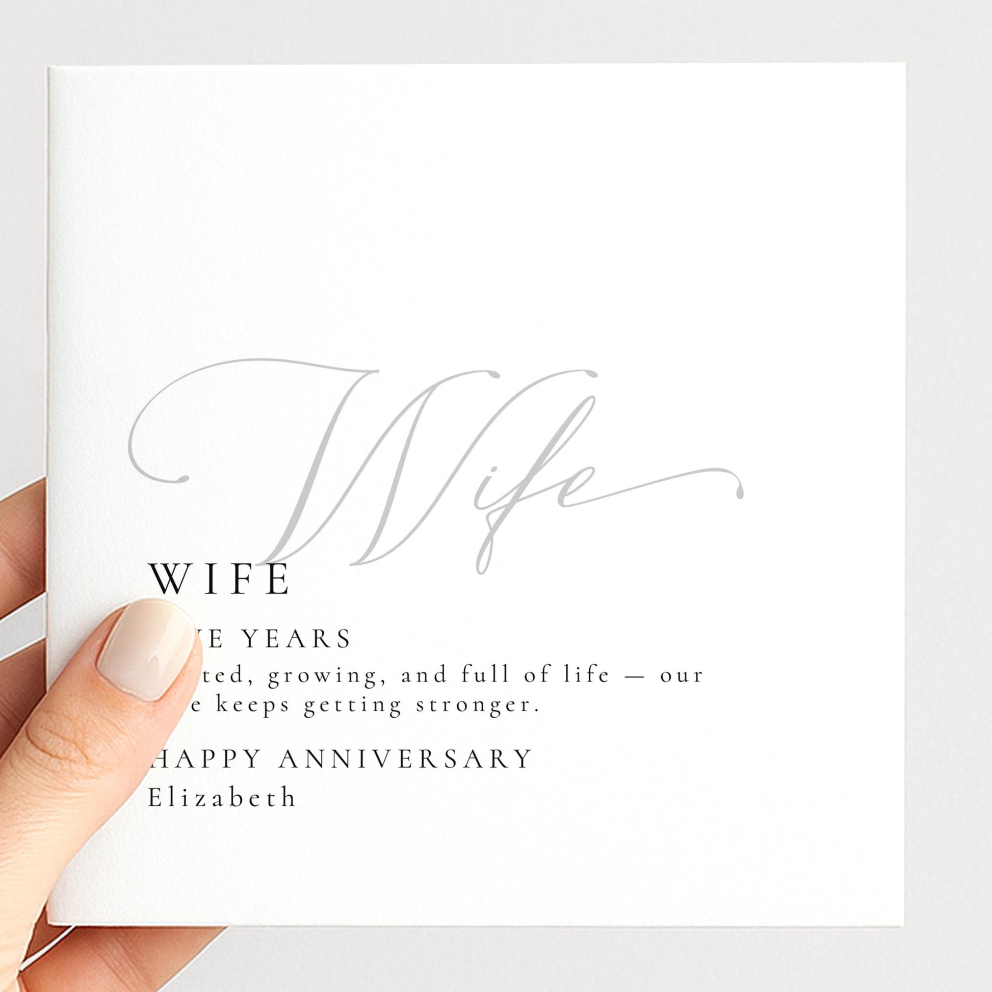 Elegant Wife Anniversary Card, Minimalist Five Year Card, Personalized Romantic Greeting Card, Wedding Anniversary Gift for Her
