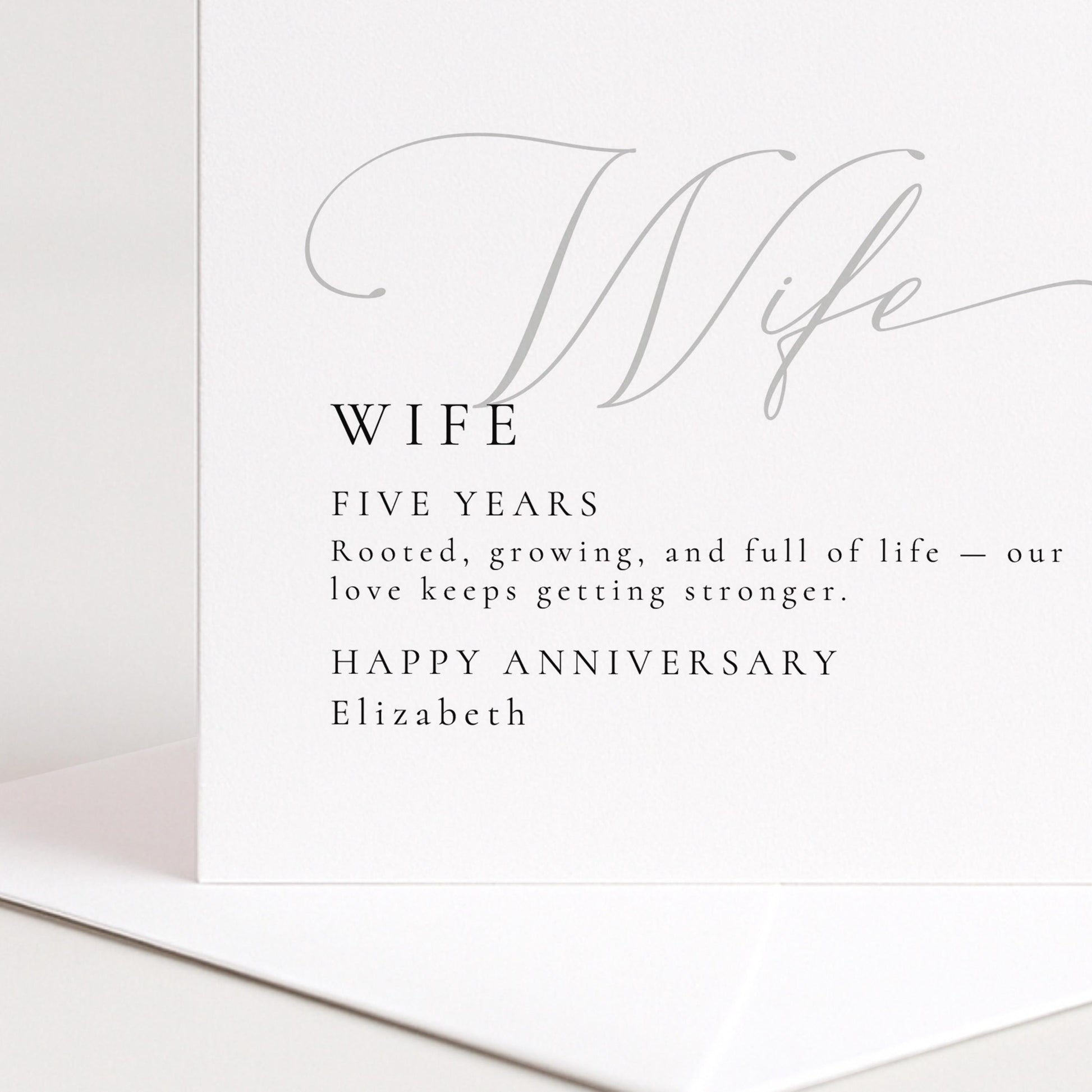 Elegant Wife Anniversary Card, Minimalist Five Year Card, Personalized Romantic Greeting Card, Wedding Anniversary Gift for Her