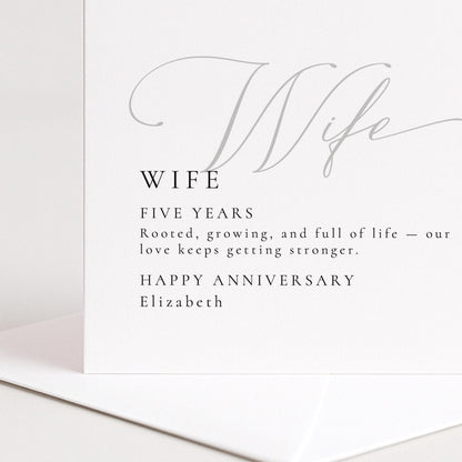 Elegant Wife Anniversary Card, Minimalist Five Year Card, Personalized Romantic Greeting Card, Wedding Anniversary Gift for Her