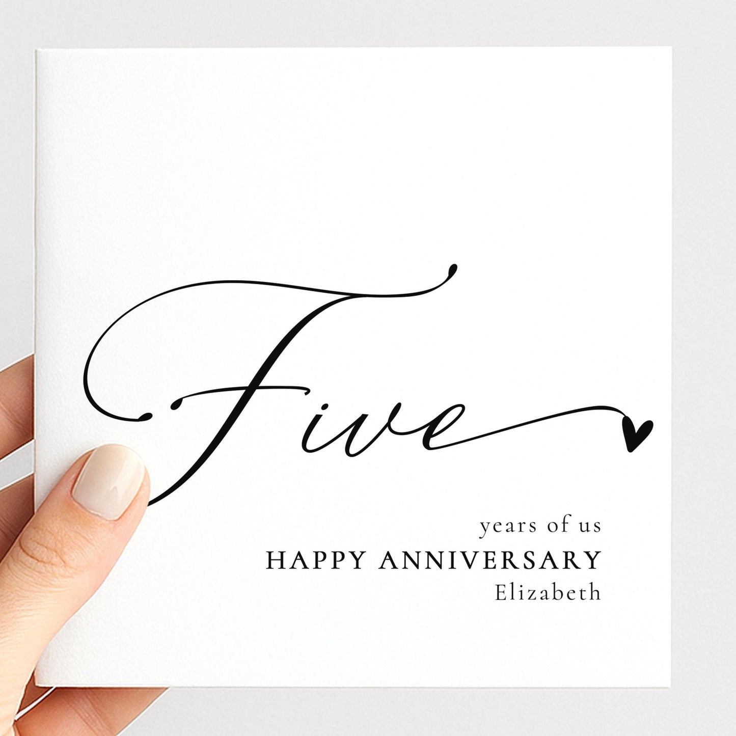 Five Year Anniversary Card – Personalised Romantic Greeting Card With Script Font Design