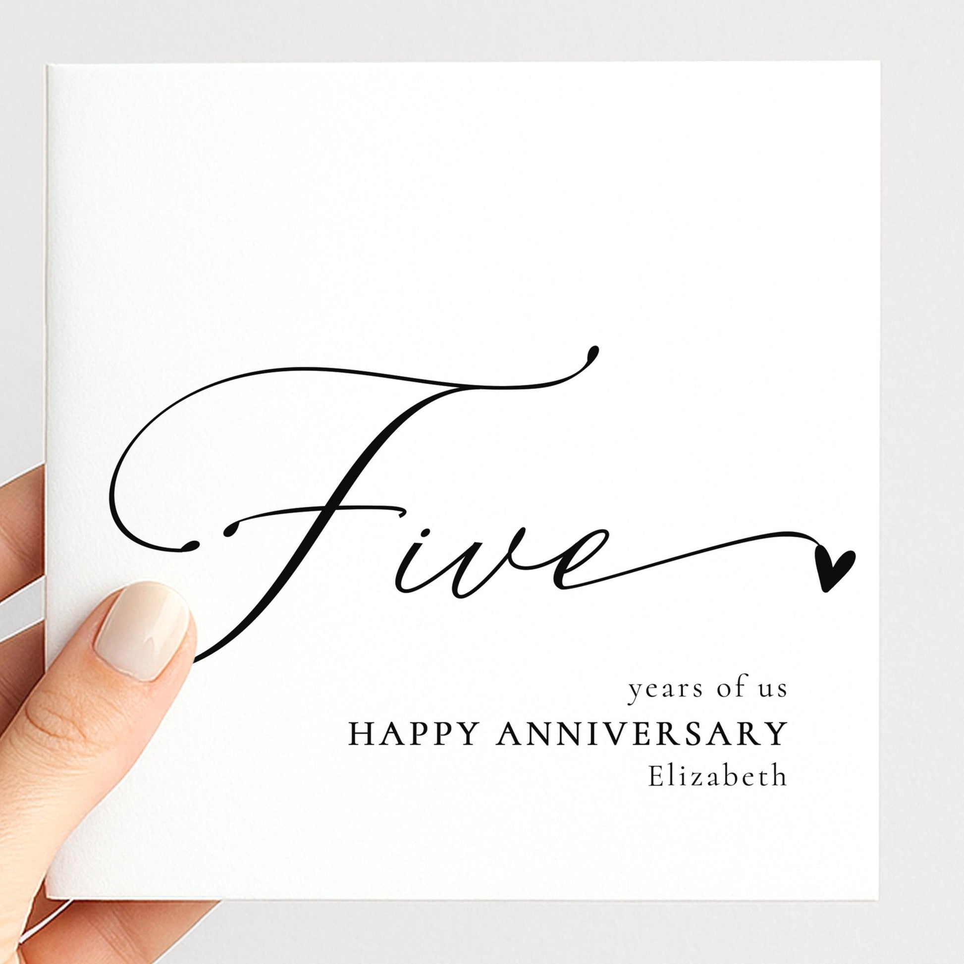 Five Year Anniversary Card – Personalised Romantic Greeting Card With Script Font Design