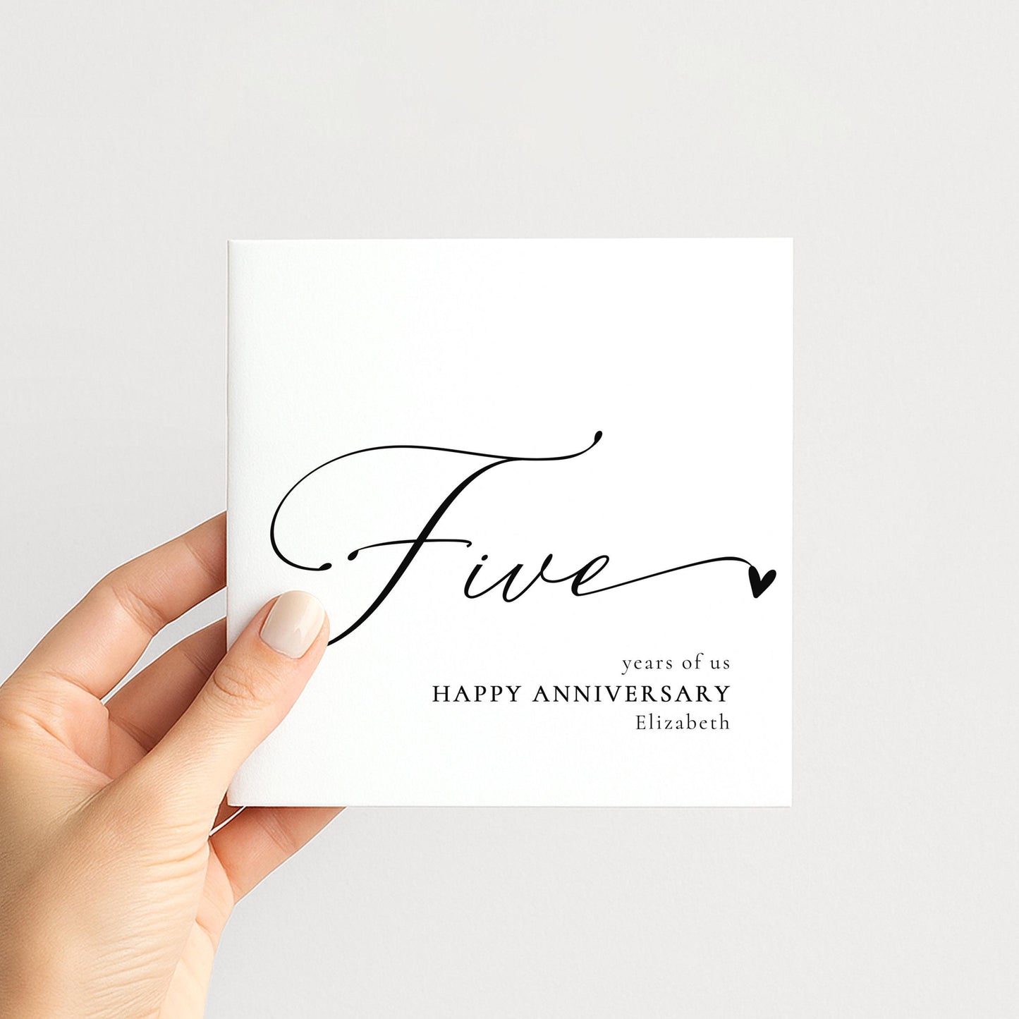 Five Year Anniversary Card – Personalised Romantic Greeting Card With Script Font Design