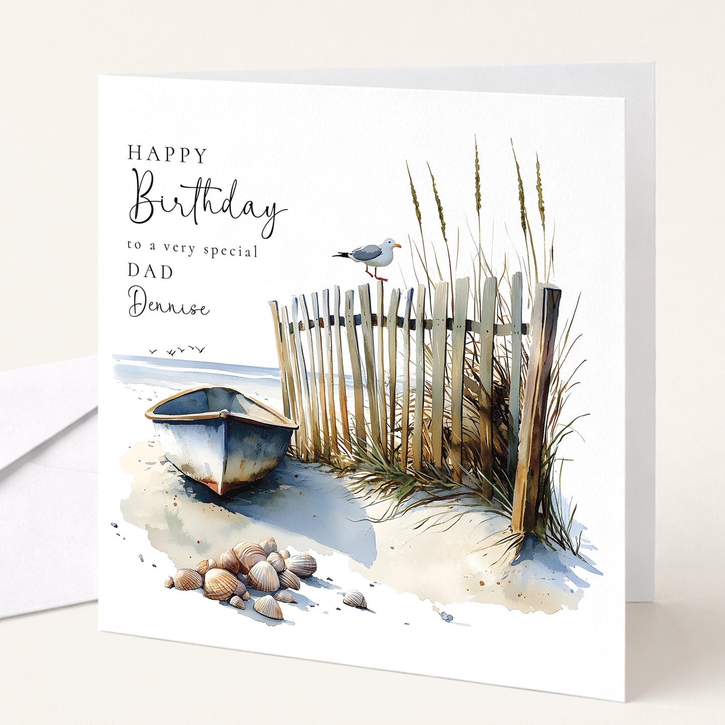 Dad Birthday Card - Personalised Beach Scene Card With Name | Coastal Watercolour Design