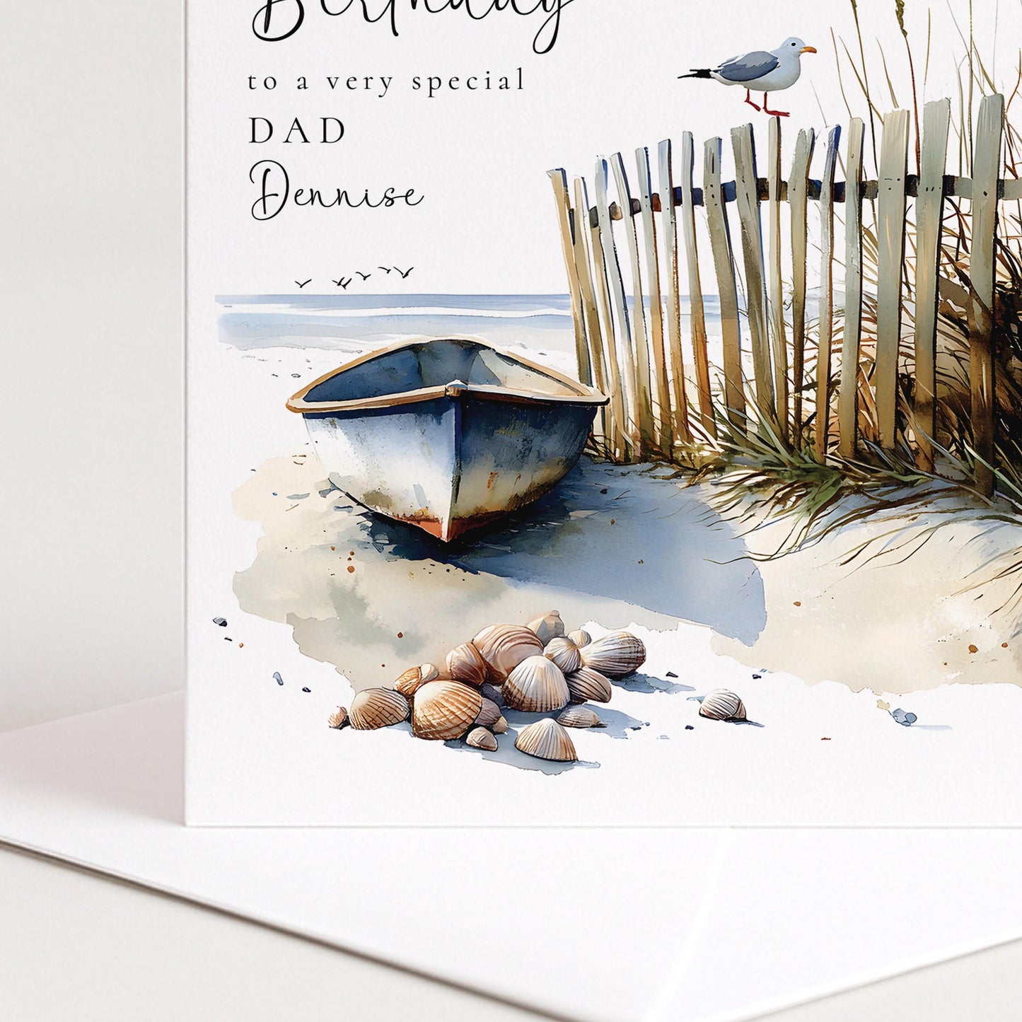 Dad Birthday Card - Personalised Beach Scene Card With Name | Coastal Watercolour Design