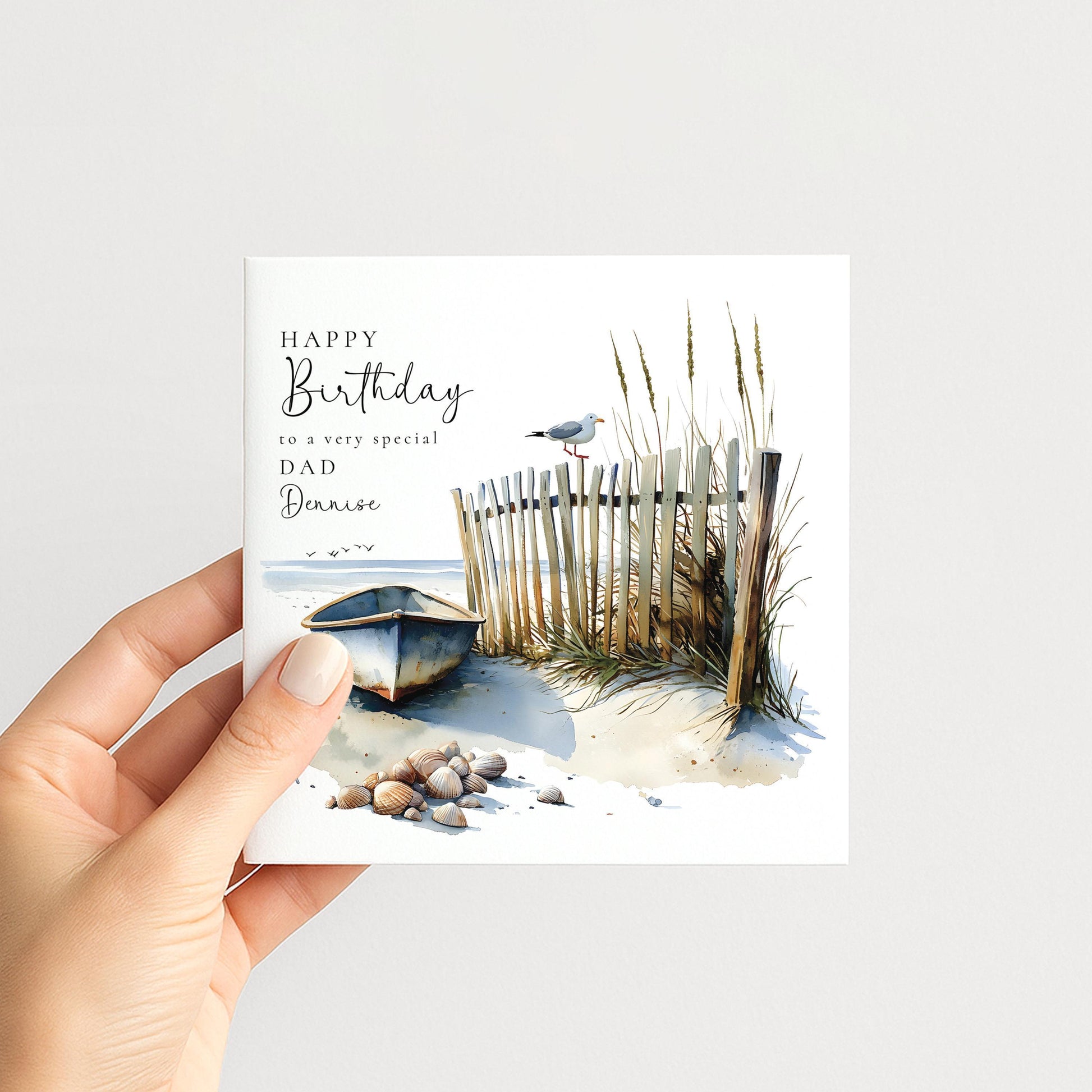 Dad Birthday Card - Personalised Beach Scene Card With Name | Coastal Watercolour Design