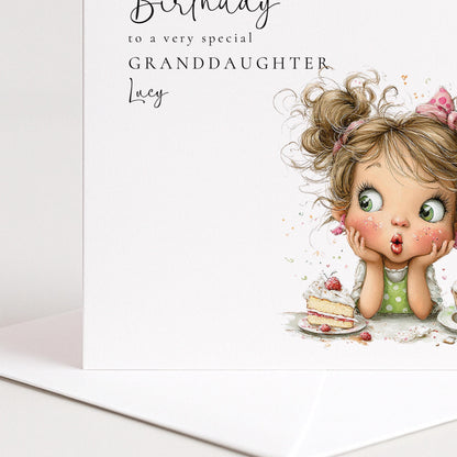 Birthday Card Granddaughter - Personalised Blonde Girl Floral Design With Envelope