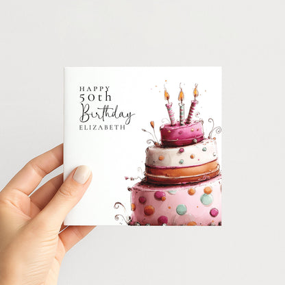 Personalised Birthday Card - Pink Birthday Cake Design | Custom Age & Name