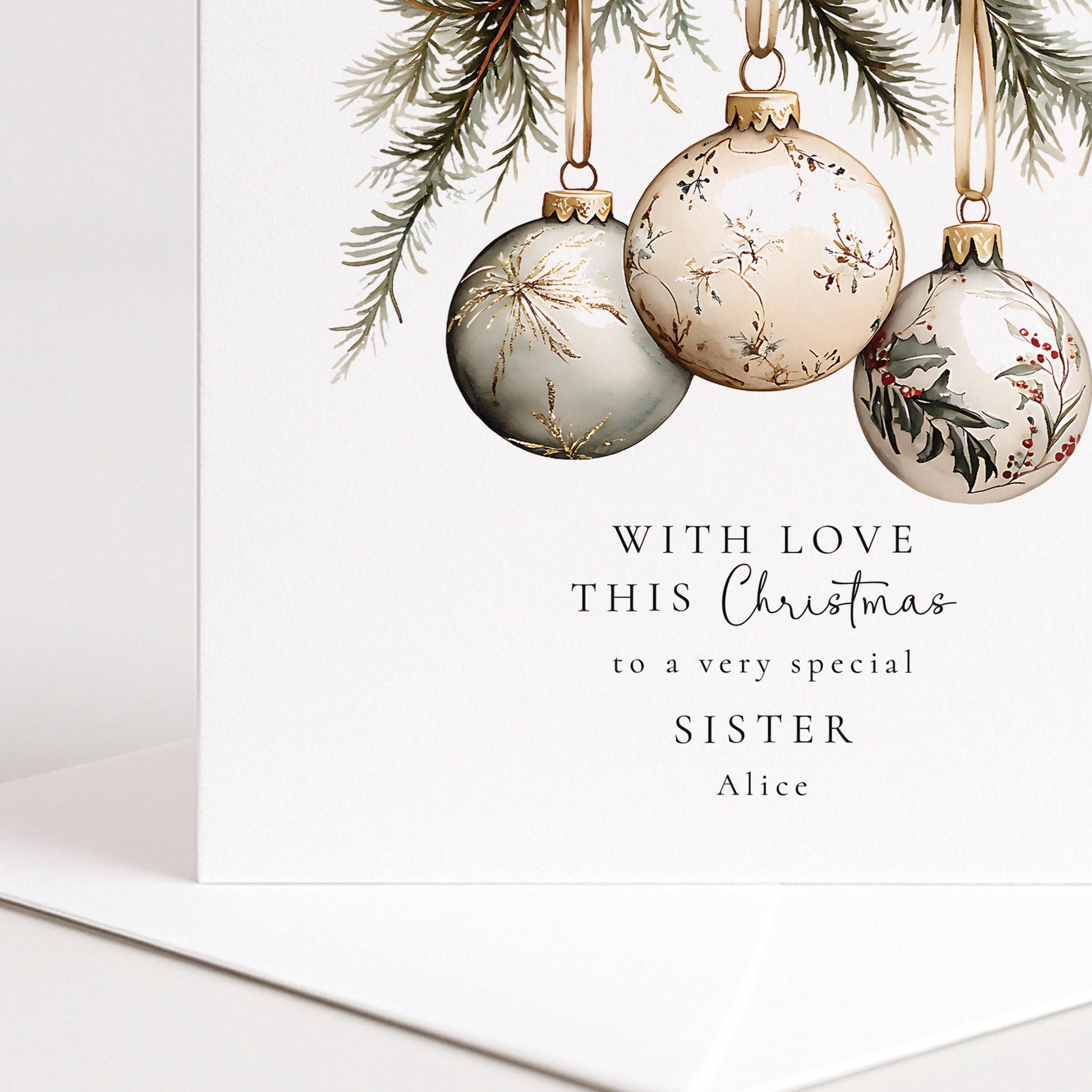 Personalised Christmas Card – Elegant Baubles, Custom Name & Printed Message Inside