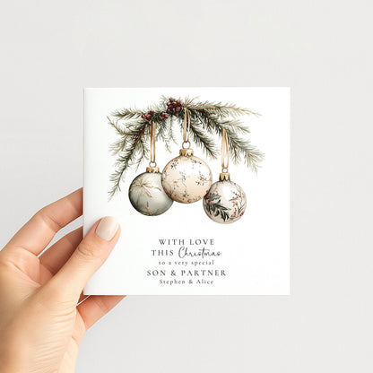 Personalised Christmas Card for Son and Partner White Baubles