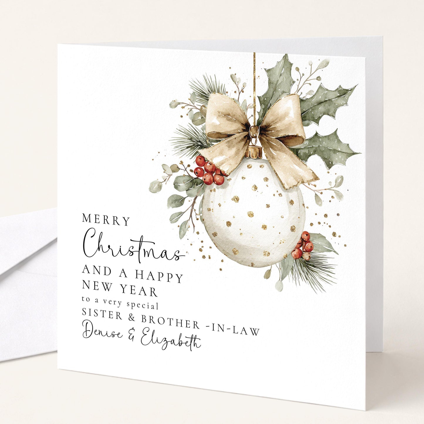 Personalised Christmas Card for Sister and Brother-in-law Christmas Baubel Card