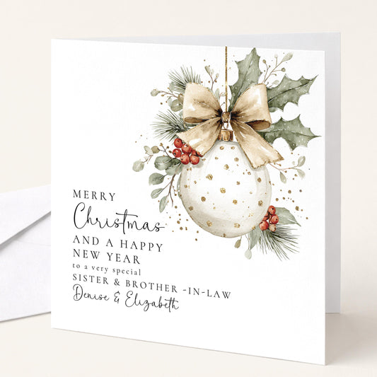 Personalised Christmas Card for Sister and Brother-in-law Christmas Baubel Card