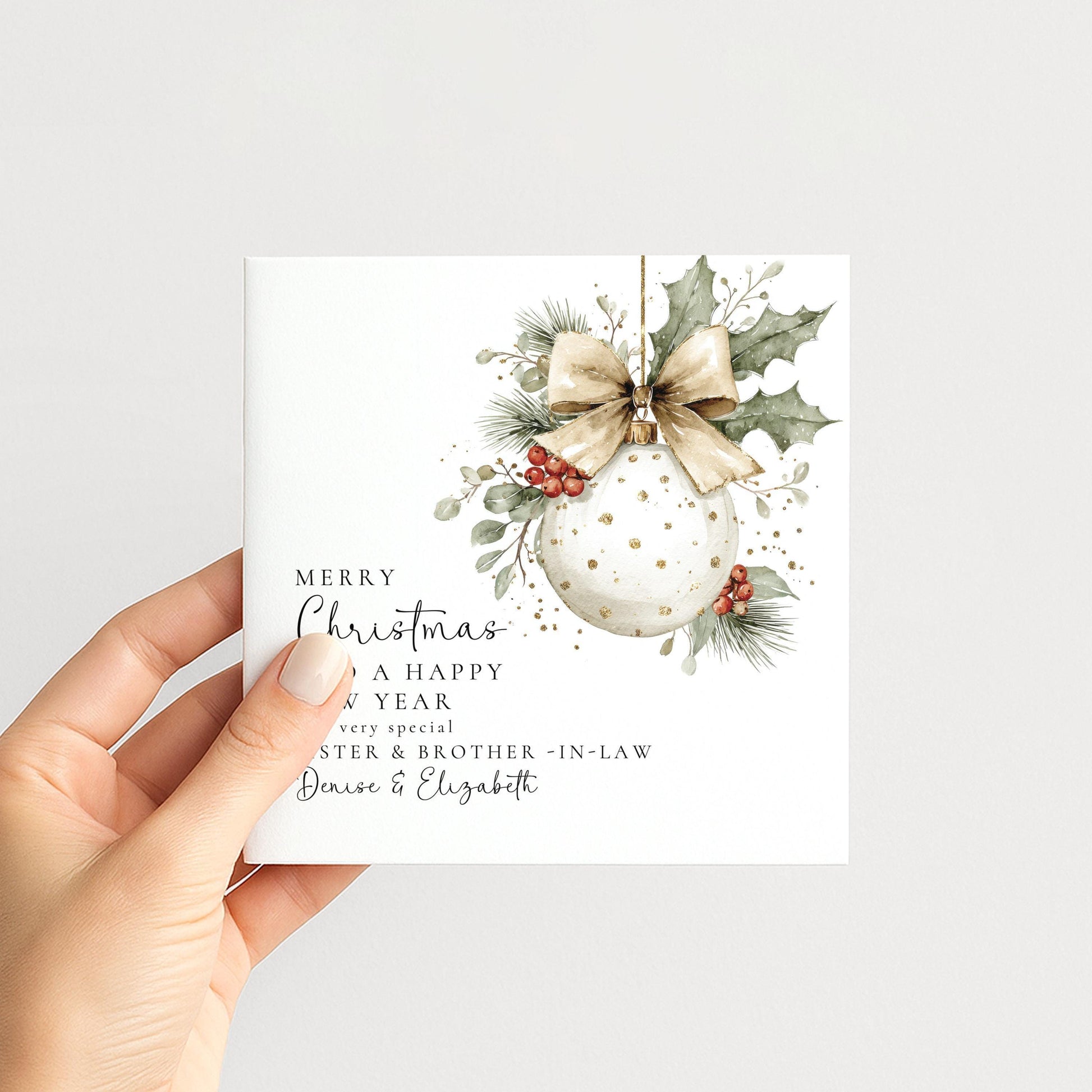Personalised Christmas Card for Sister and Brother-in-law Christmas Baubel Card