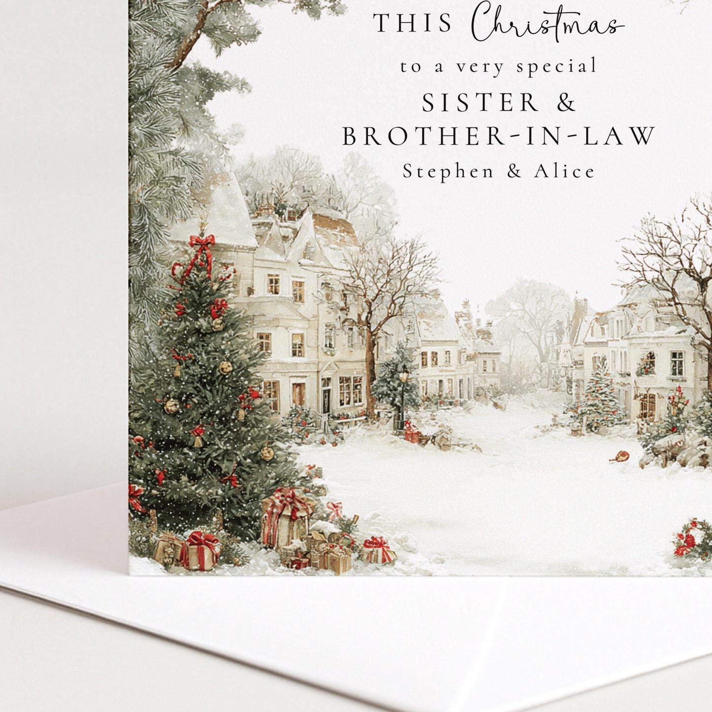 A charming snowy village Christmas card, personalised, printed on 300gsm card