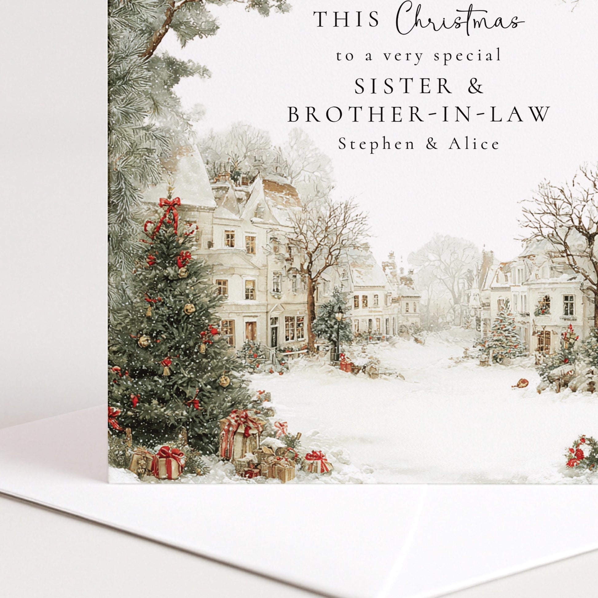 A charming snowy village Christmas card, personalised, printed on 300gsm card