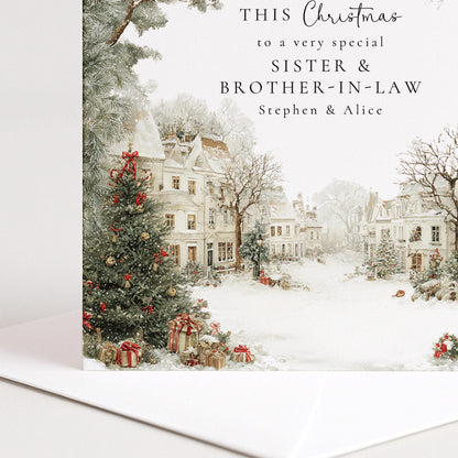 A charming snowy village Christmas card, personalised, printed on 300gsm card