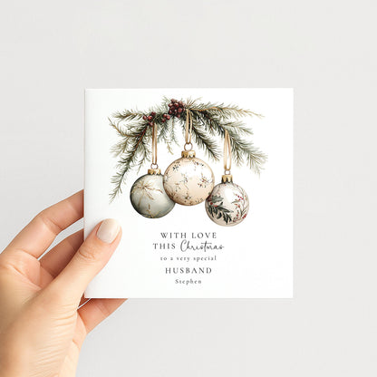 An elegant hanging bauble Christmas card for your husband, personalised, printed on 300gsm card