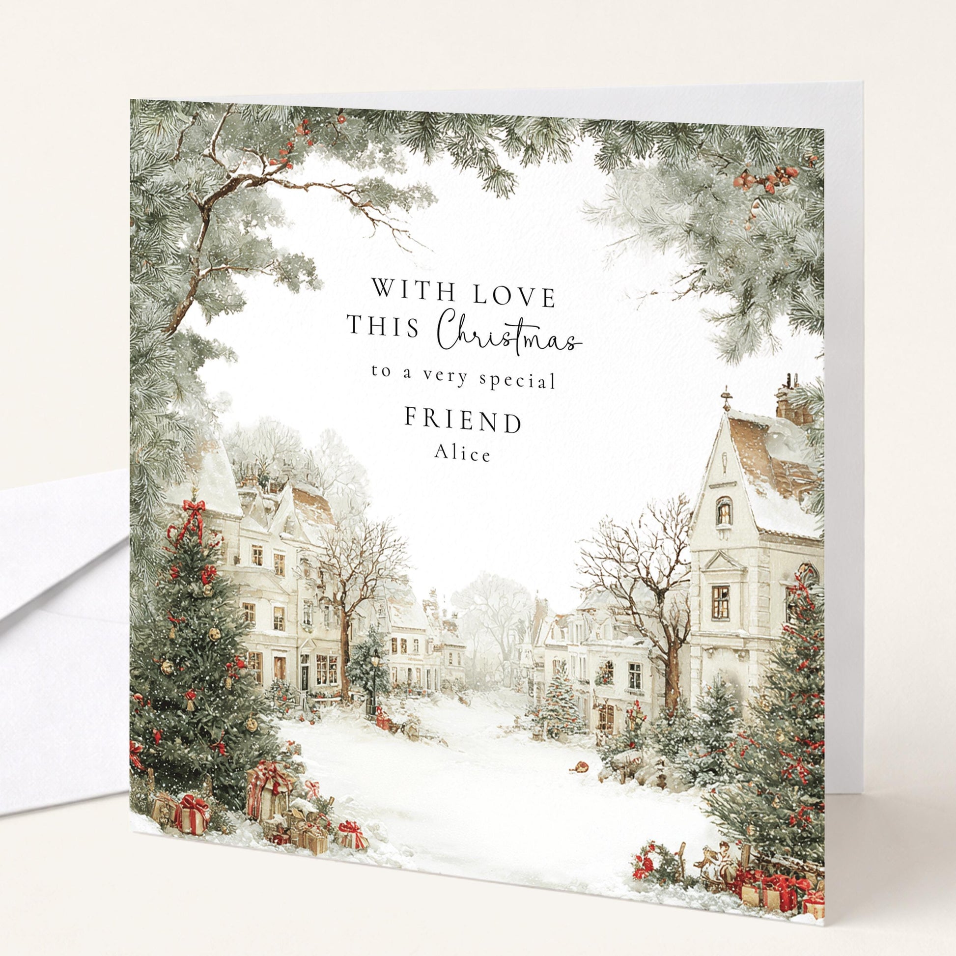 A charming snowy village Christmas card for a friend, personalised, printed on 300gsm card