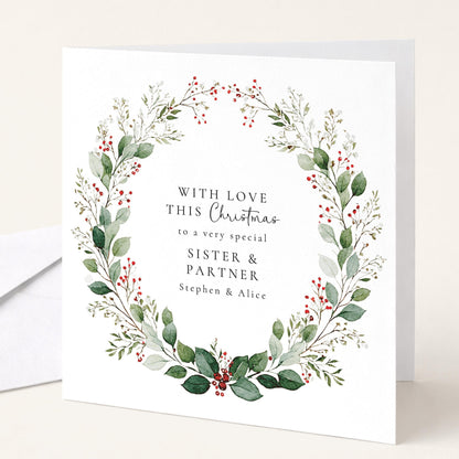 An elegant festive wreath Christmas card, personalised with names, printed on 300gsm card