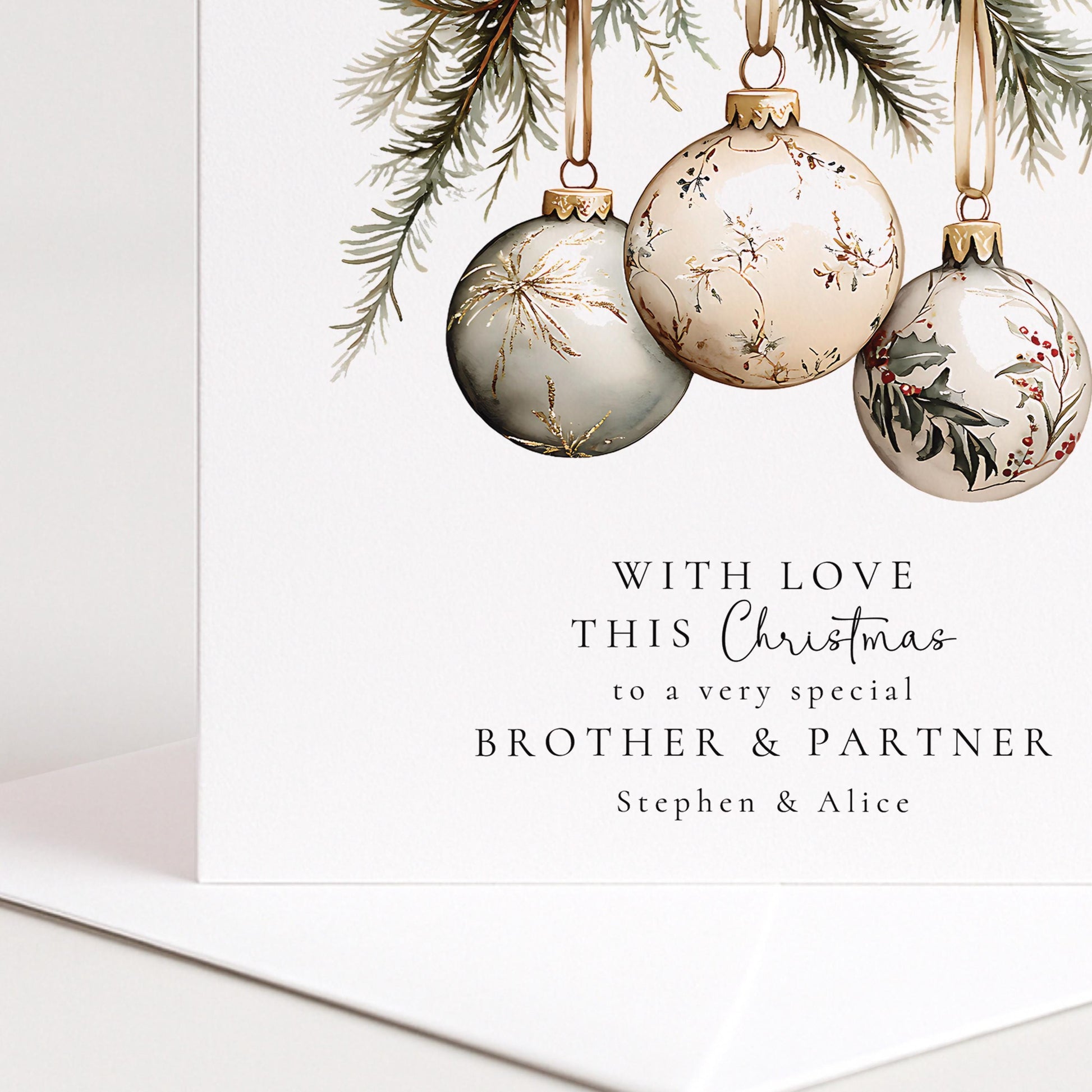 An elegant hanging bauble Christmas card, personalised with names, printed on 300gsm card
