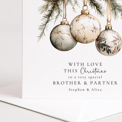 An elegant hanging bauble Christmas card, personalised with names, printed on 300gsm card