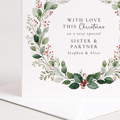 An elegant festive wreath Christmas card, personalised with names, printed on 300gsm card