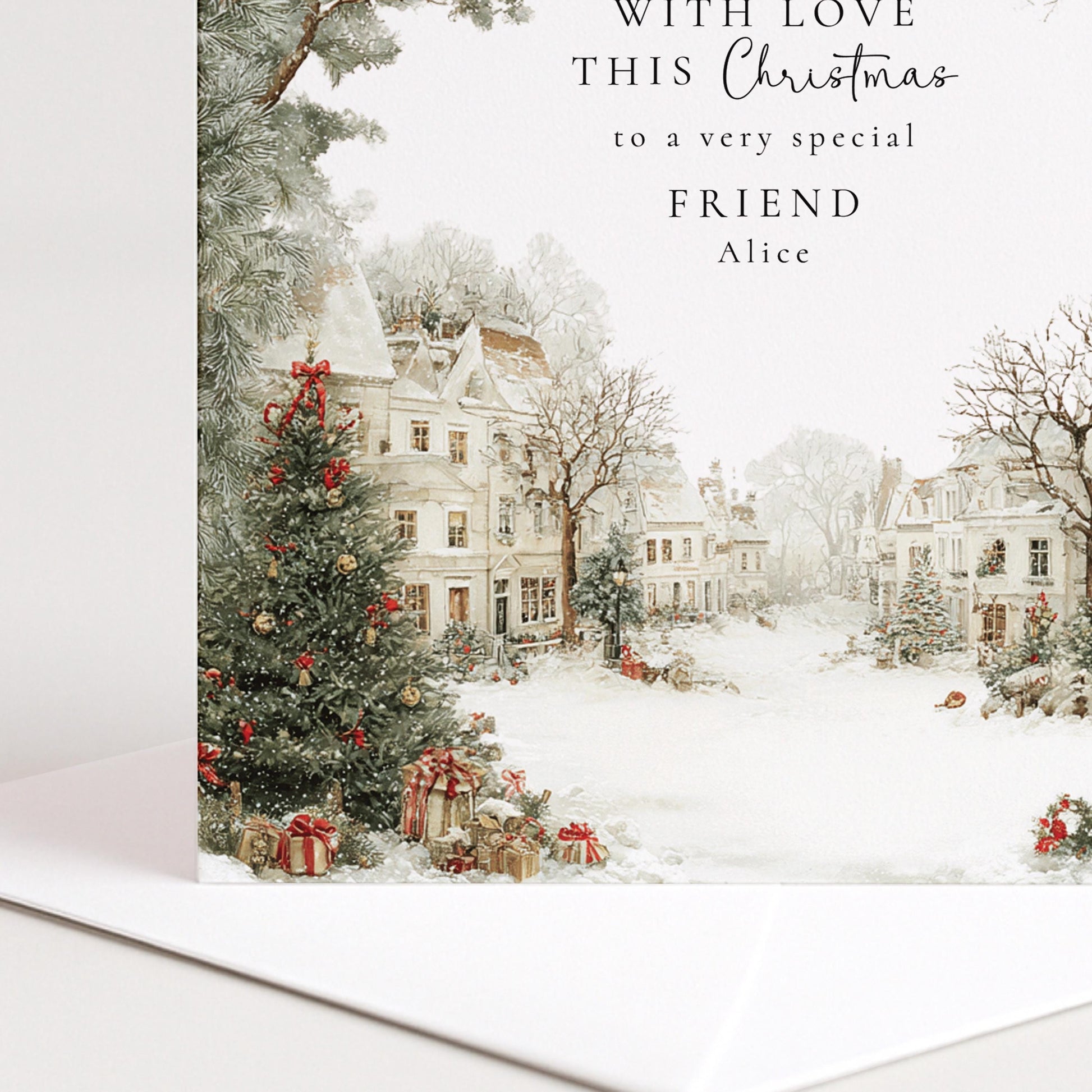 A charming snowy village Christmas card for a friend, personalised, printed on 300gsm card
