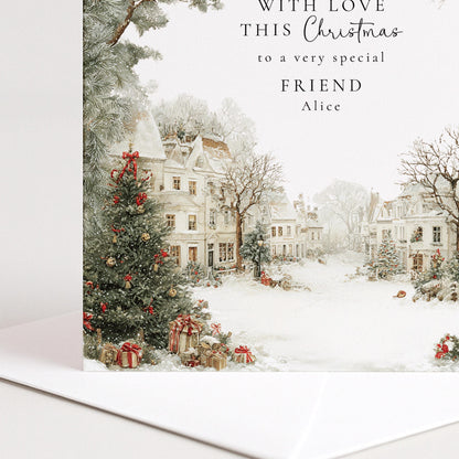 A charming snowy village Christmas card for a friend, personalised, printed on 300gsm card