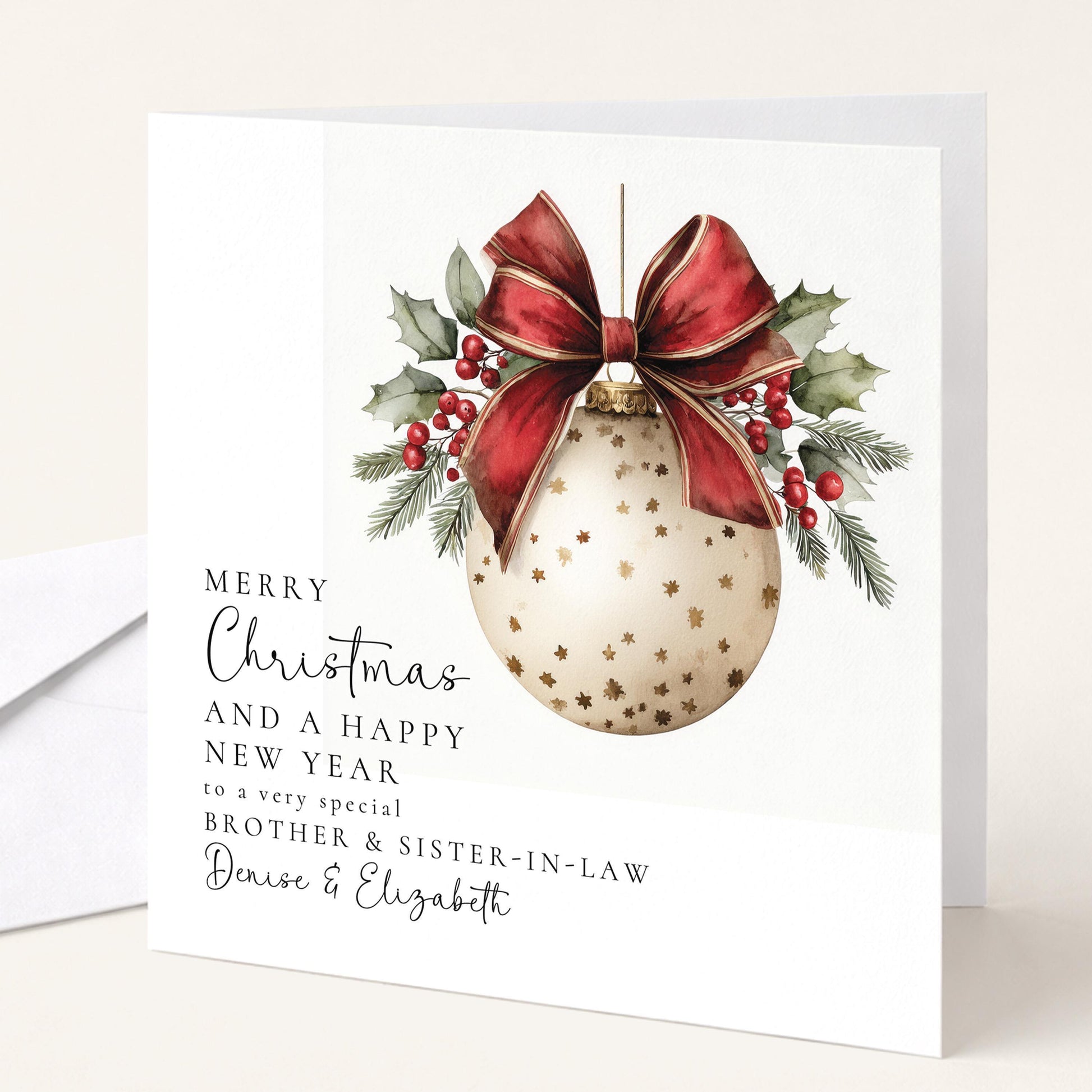 A festive bauble Christmas card for brother & sister-in-law, personalised, printed on 300gsm card