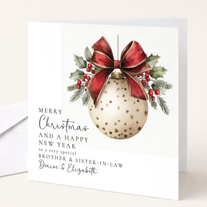 A festive bauble Christmas card for brother & sister-in-law, personalised, printed on 300gsm card