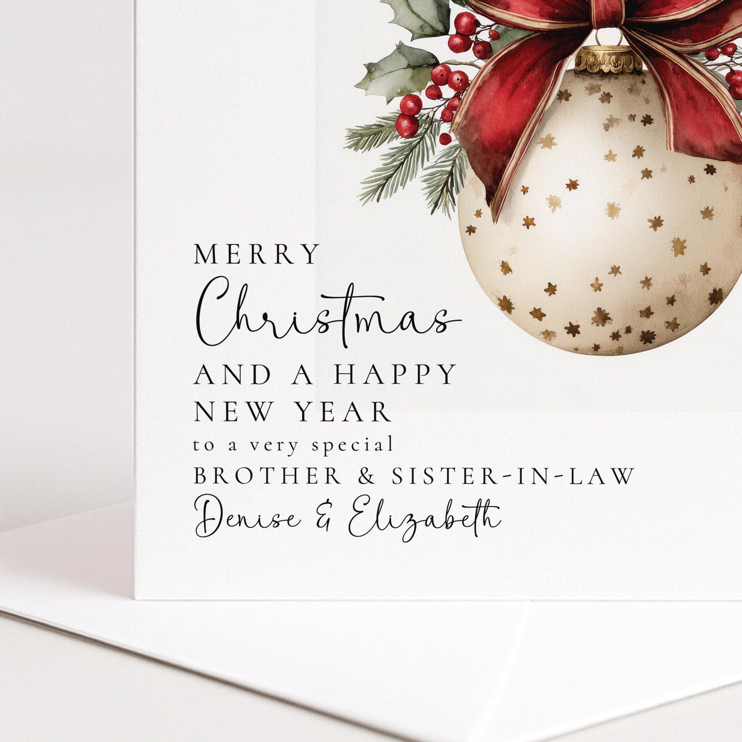 A festive bauble Christmas card for brother & sister-in-law, personalised, printed on 300gsm card