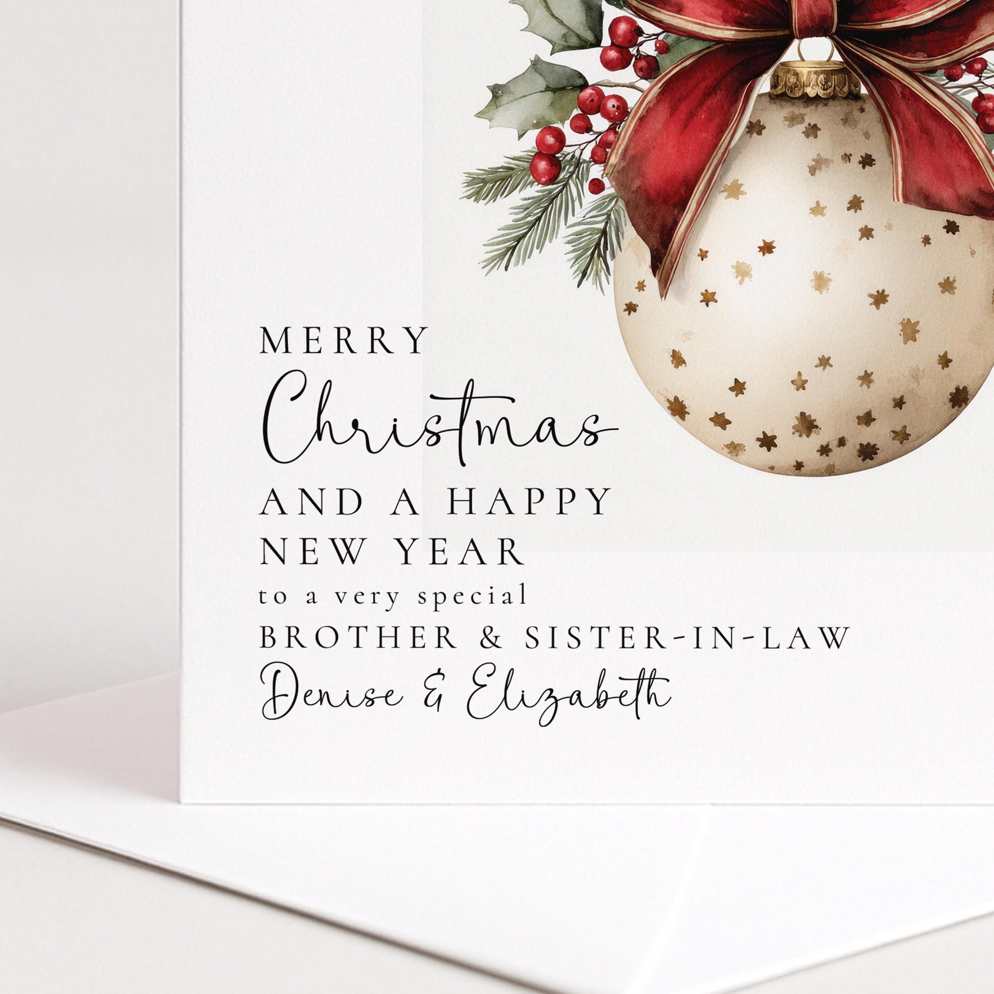 A festive bauble Christmas card for brother & sister-in-law, personalised, printed on 300gsm card