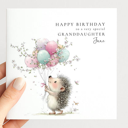 Personalised Granddaughter Card – Cute Birthday Greeting With Hedgehog Balloon Design