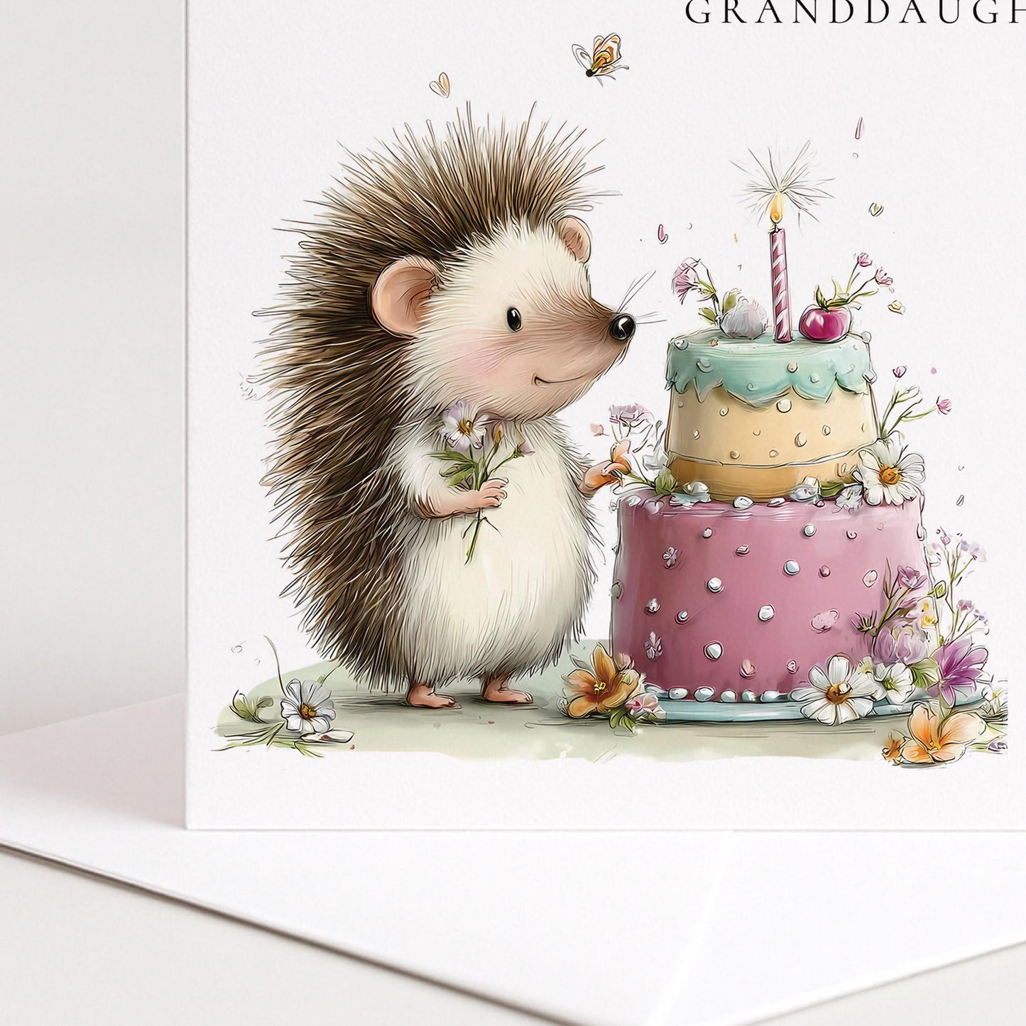Granddaughter Birthday Card – Personalised Floral Hedgehog Design, Premium Matte