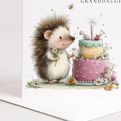 Granddaughter Birthday Card – Personalised Floral Hedgehog Design, Premium Matte