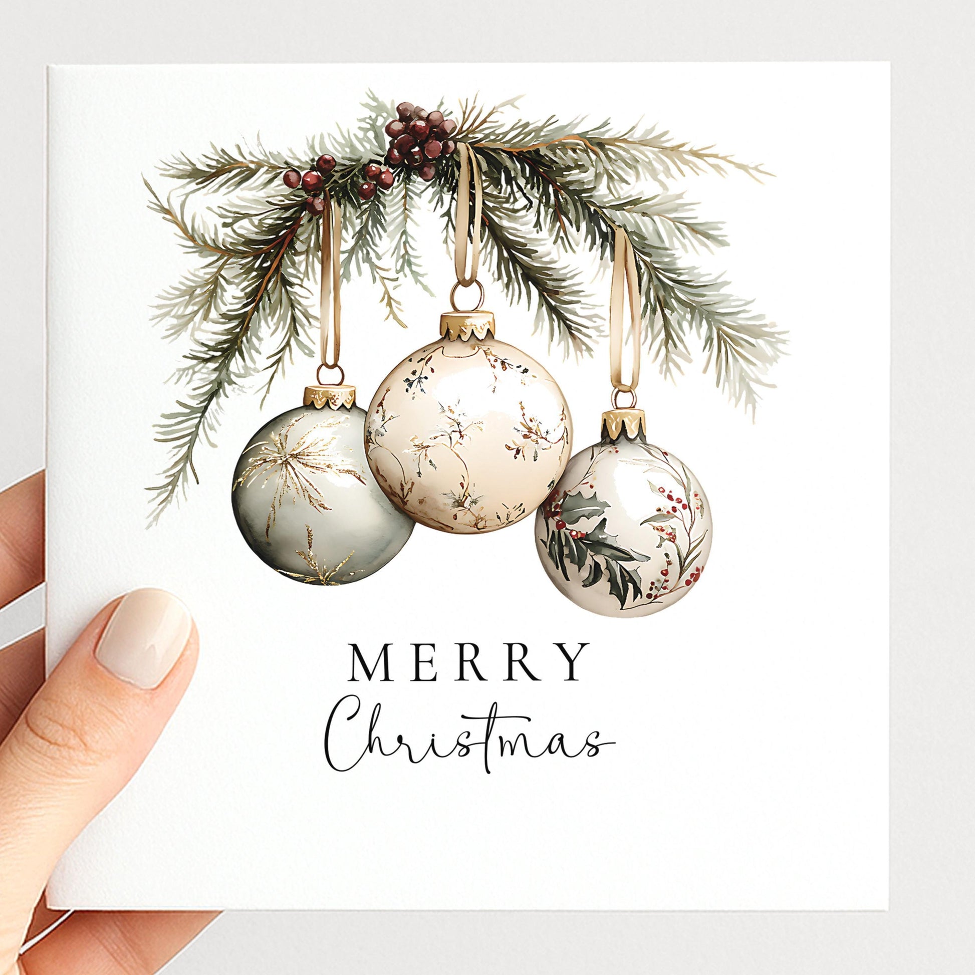 An elegant hanging bauble Christmas card, personalised with custom names, printed on 300gsm card